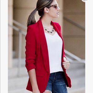 SheIn Women's Shawl Collar 3/4 Ruched Sleeve Open Front Blazer Jacket Large Red